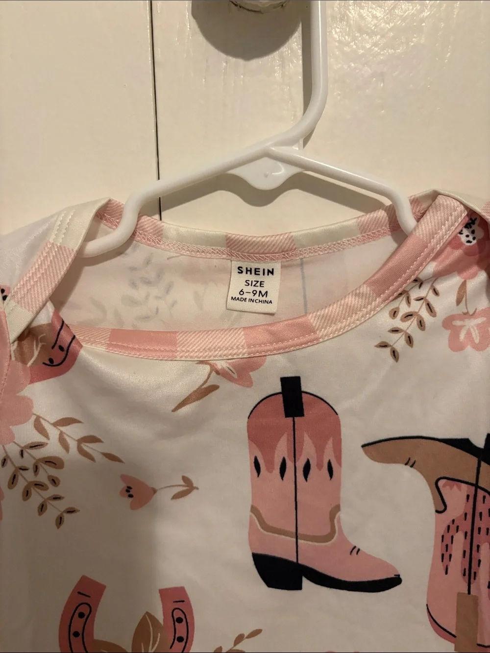 SHEIN Pink and White Cowboy Boot Print Baby One-Piece